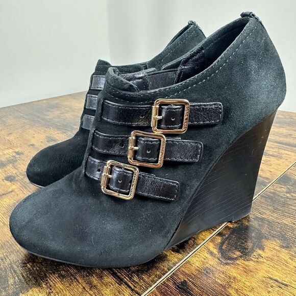 Tory Burch Gabrielle Buckle Suede Black Wedge Booties Size 6